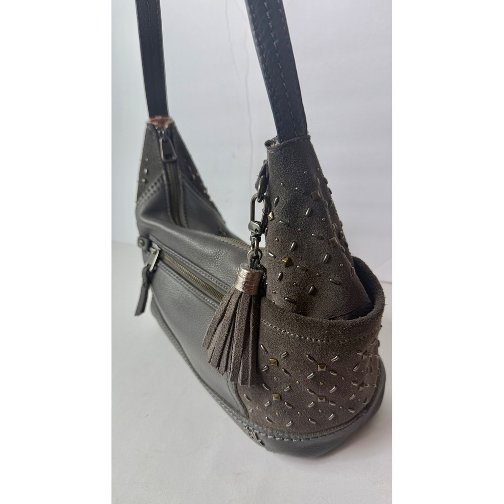 The Sak Kendra Leather and Suede Hobo Shoulder Bag Gray Studded Tassel Charm - Picture 4 of 12